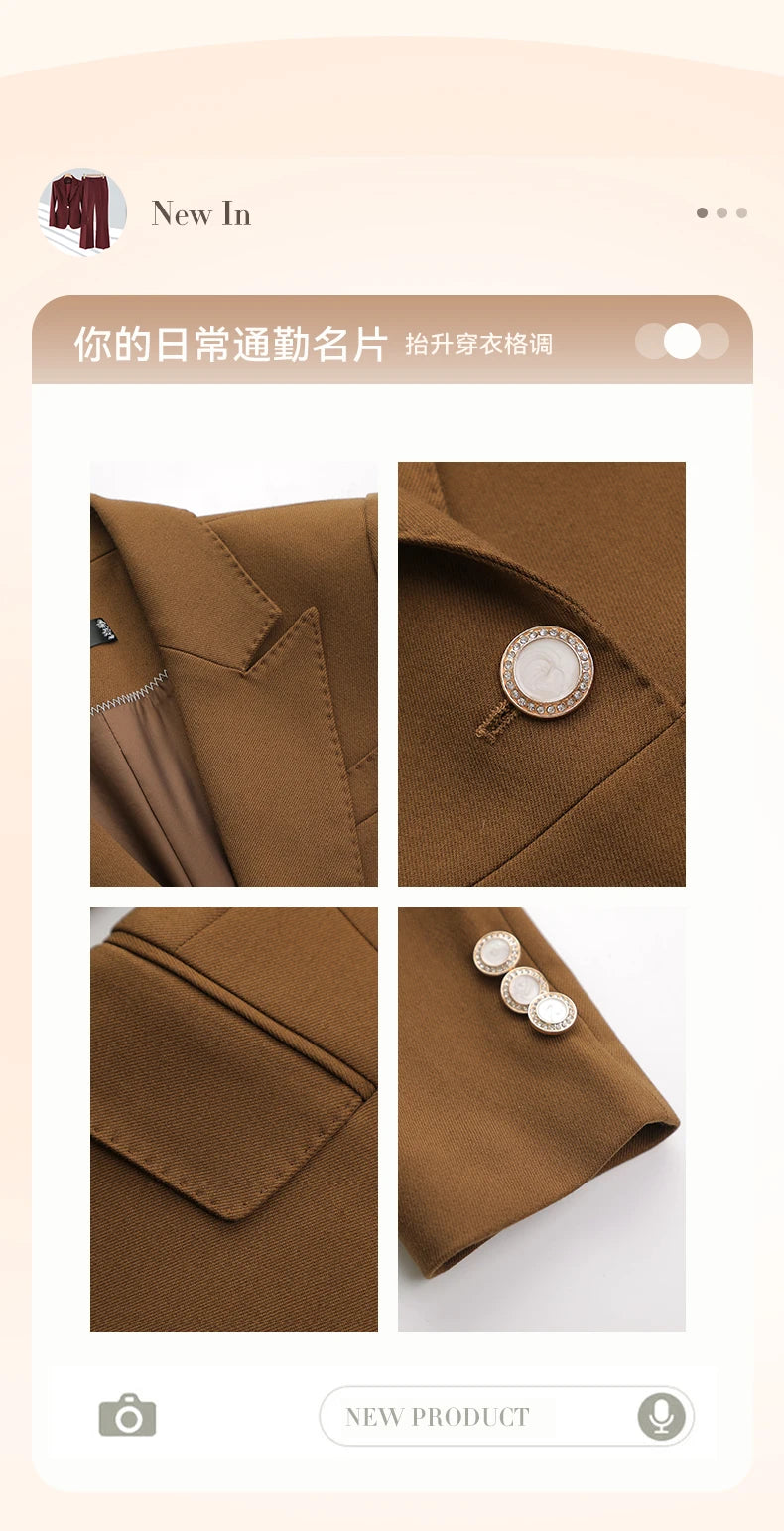 NAVIU High End Pant Suit Brown Solid Office Ladies Female Business Work Wear 2 Piece Set Formal Blazer Jacket And Trouser