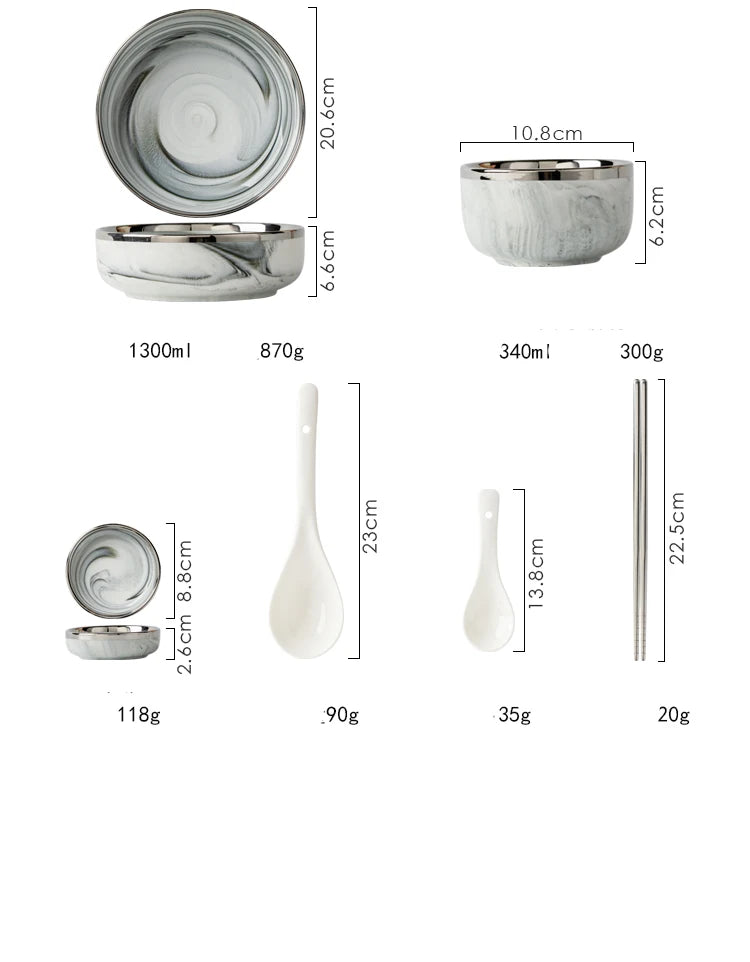 Light Luxury Ceramic Tableware Set Marble Fish Plates With Silver Rim Household Hotel LArge Capacity Soup Bowl Deep Plates