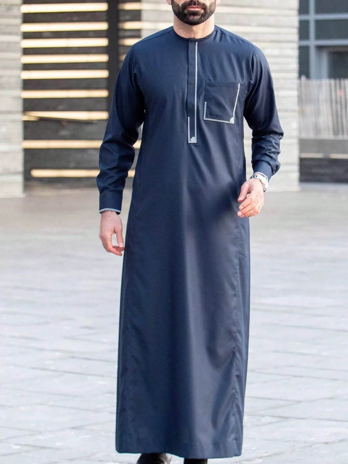 Muslim men's robe long-sleeved ethnic style embroidered stand collar Arabic clothing men's Islamic casual robe - AIAZ