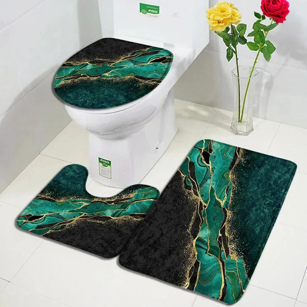 Abstract Marble Bath Mat Sets Modern Geometric Gold Lines Blue Texture Pattern Bathroom Decor Carpet Non-Slip Rugs Toilet Cover