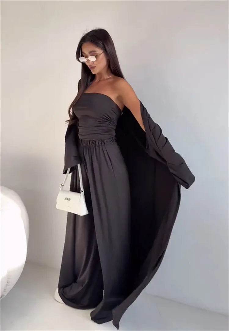 Pants Sets Women Solid Color Loose Long Cardigan Coat Tube Top High Waist Wide Leg Trousers Three Piece Set Casual Lady Suits - AIAZ