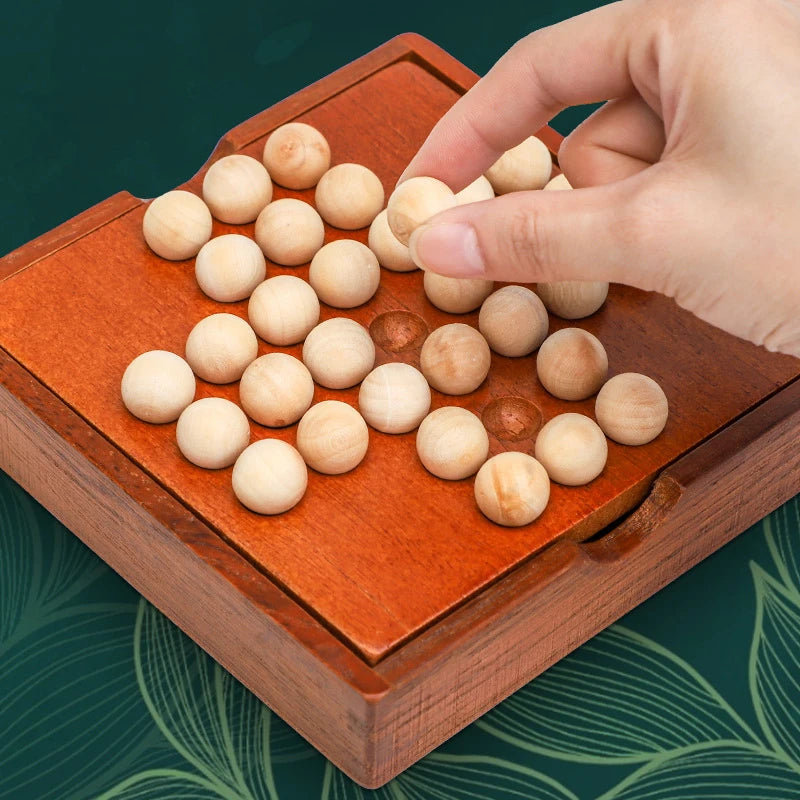 Wood Single Player Chess Marble Solitaire Board Game IQ Logic Challenges for Adults Kids Great Idea For Travel Party Family Fun