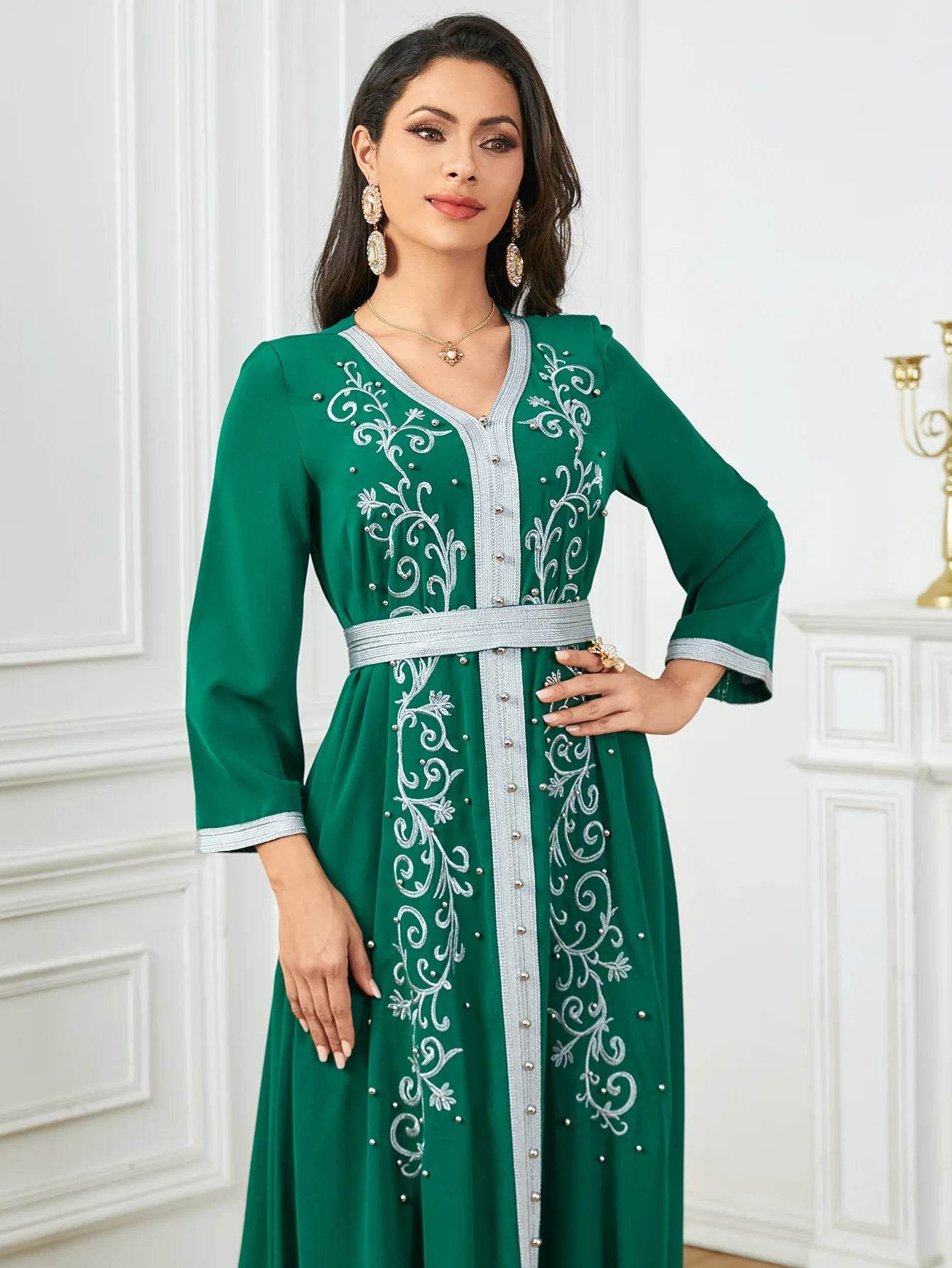 Muslim Fashion Beading Ebroidered Print V-neck long-sleeved Dress Moroccan Islamic Dress With Belt Elegant Party Dress - AIAZ