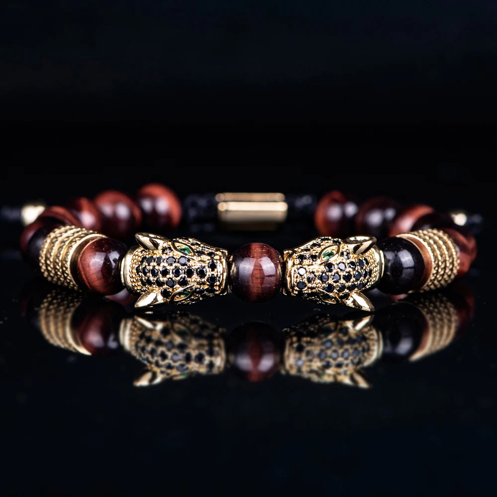 New Trend Double Leopard head Handmade tiger's-eye Bracelets  Accessories Handmade Men's Jewelry Pulseras homme
