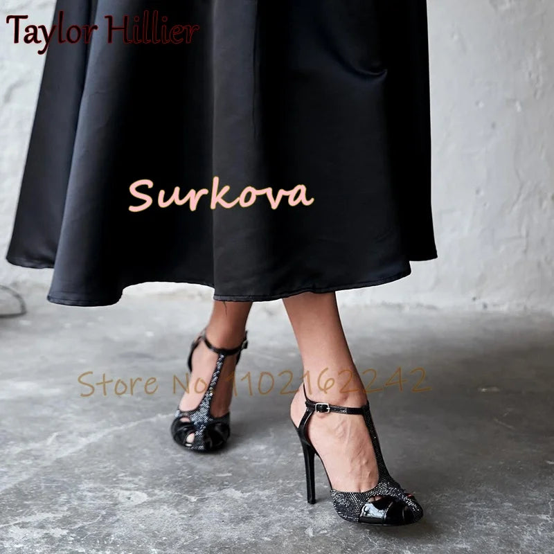 Rhinestone Mixed Colors T-Tied Mules Modern Sandals Round Toe Thin Heels Hollow Sandals Summer Comfortable Women'S Sandals 46