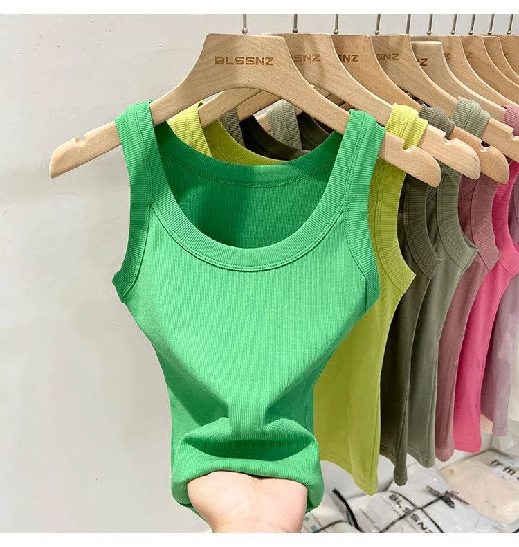 Women Solid Round Neck Ribbed Tank Top Camisole Women 2025 Summer Basic Elastic Tank Top O Neck Solid Tank Top - AIAZ