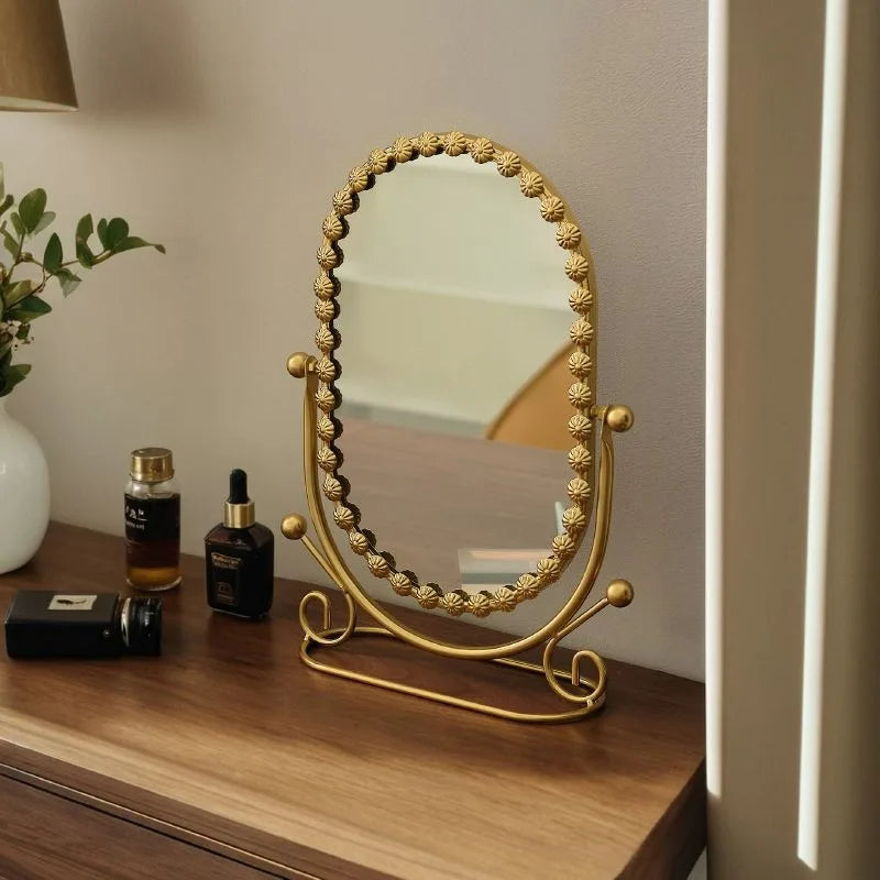 Light Luxury Wrought Iron Vertical Mirror Rotatable Retro Makeup Mirror Bedroom Vanity Mirror Desktop Ornament Photo Props