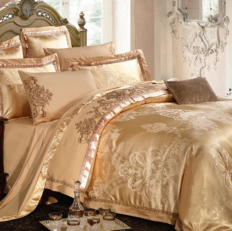 Sliver Gold Luxury Silk Satin Jacquard duvet cover bedding set queen king size Embroidery bed set bed sheet/Fitted sheet set