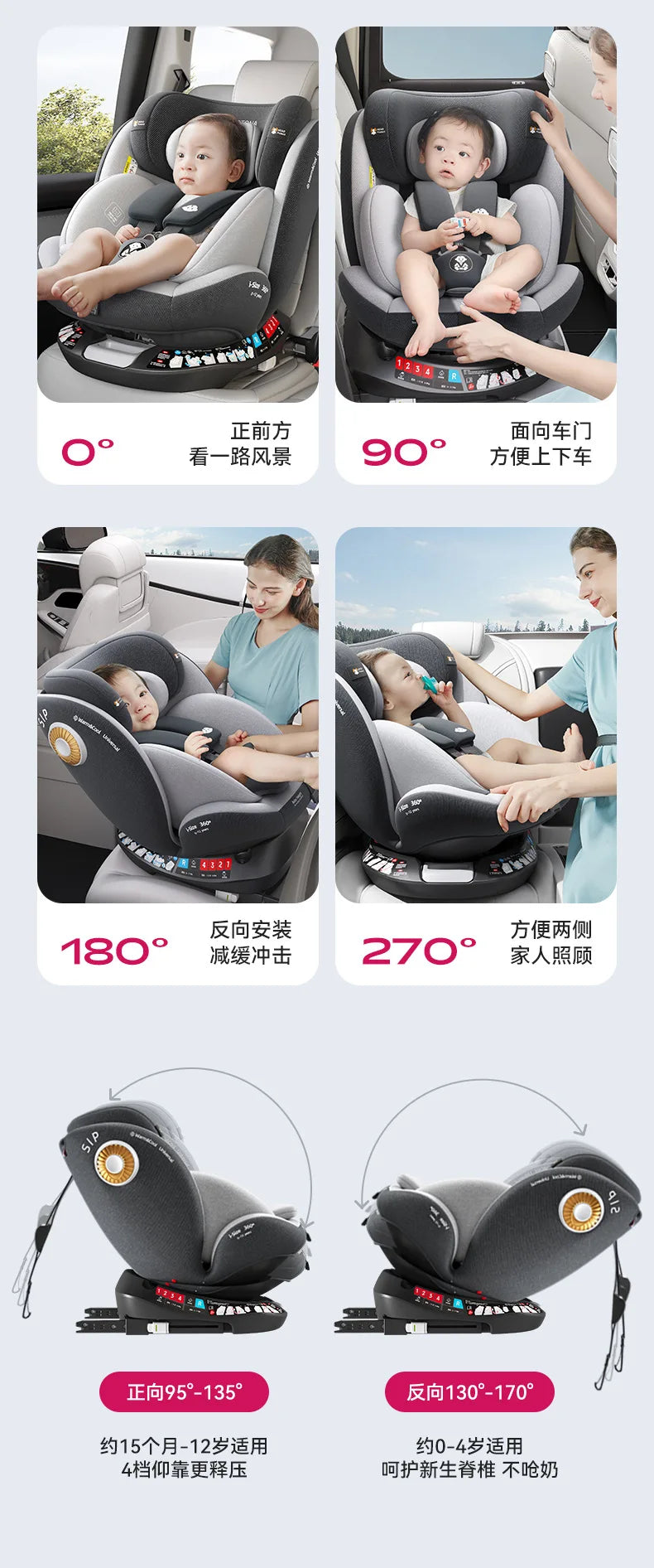 360°Rotating Baby Car Seat 0-12Yrs ISOFIX Child Safety Seat 5-Point Harness Lie-Flat Infant Carrier with Side Impact Protection