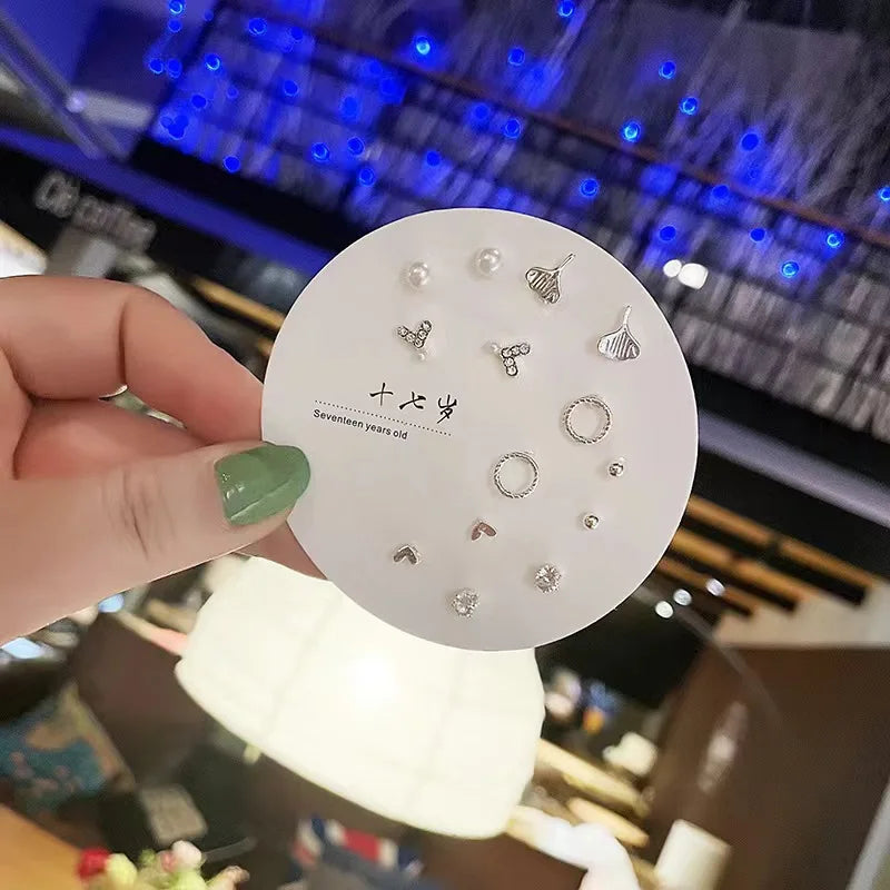 7 Pair/Set Korean Silver Color Fashion Geometric Female Small Earrings Multiple Pairs of Butterfly Cute Stud Earrings Jewelry