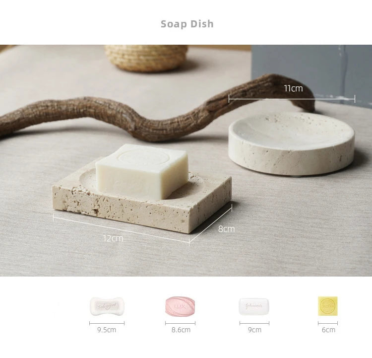 Beige Travertine Bathroom Accessories Set Natural Marble Soap Dispenser Soap Dish Reed Diffuser Vanity Tray Bathroom Set