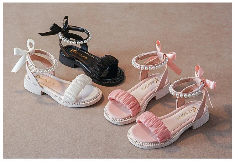 Children's Sandals Summer Elegant Girl Princess Dress Bowtie Sandals Fashion Beading Ankle Strap Kids Causal Sweet Roman Sandals