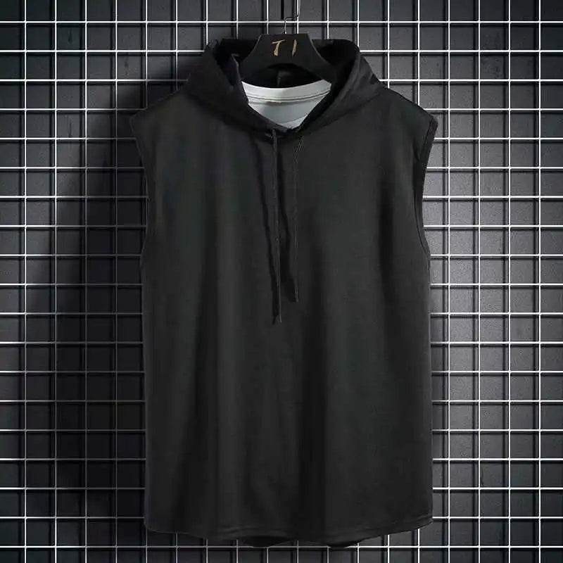 Men Tie Collar Hooded Sleeveless Vests Male Summer Loose Solid Hip Hop Tee Shirt Tops - AIAZ
