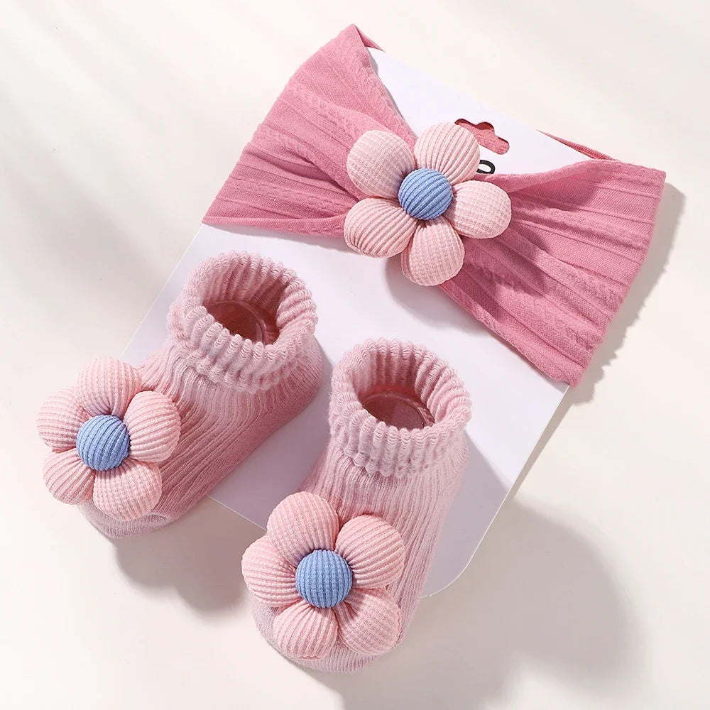 2Pcs Flower Baby Headband Socks Set Soft Nylon Hairband for Newborn Girl Elastic Floral Turban Short Sock Infant Headwear