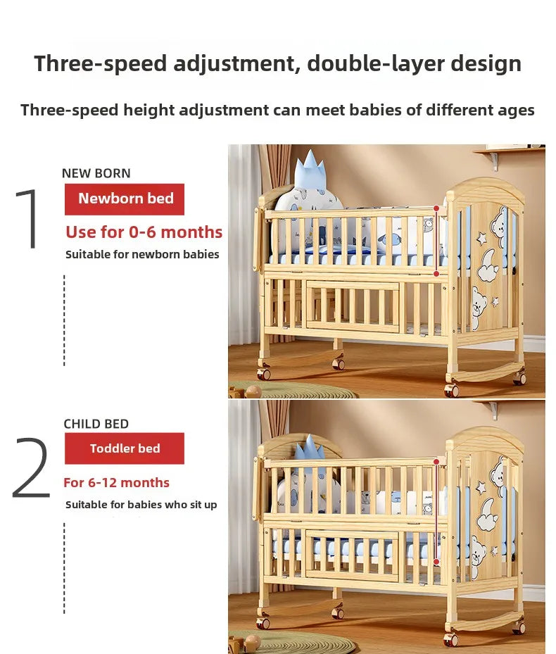 Crib Solid wood newborn baby cradle Multifunctional paint-free movable children's splicing bed air mattress 103 cm long