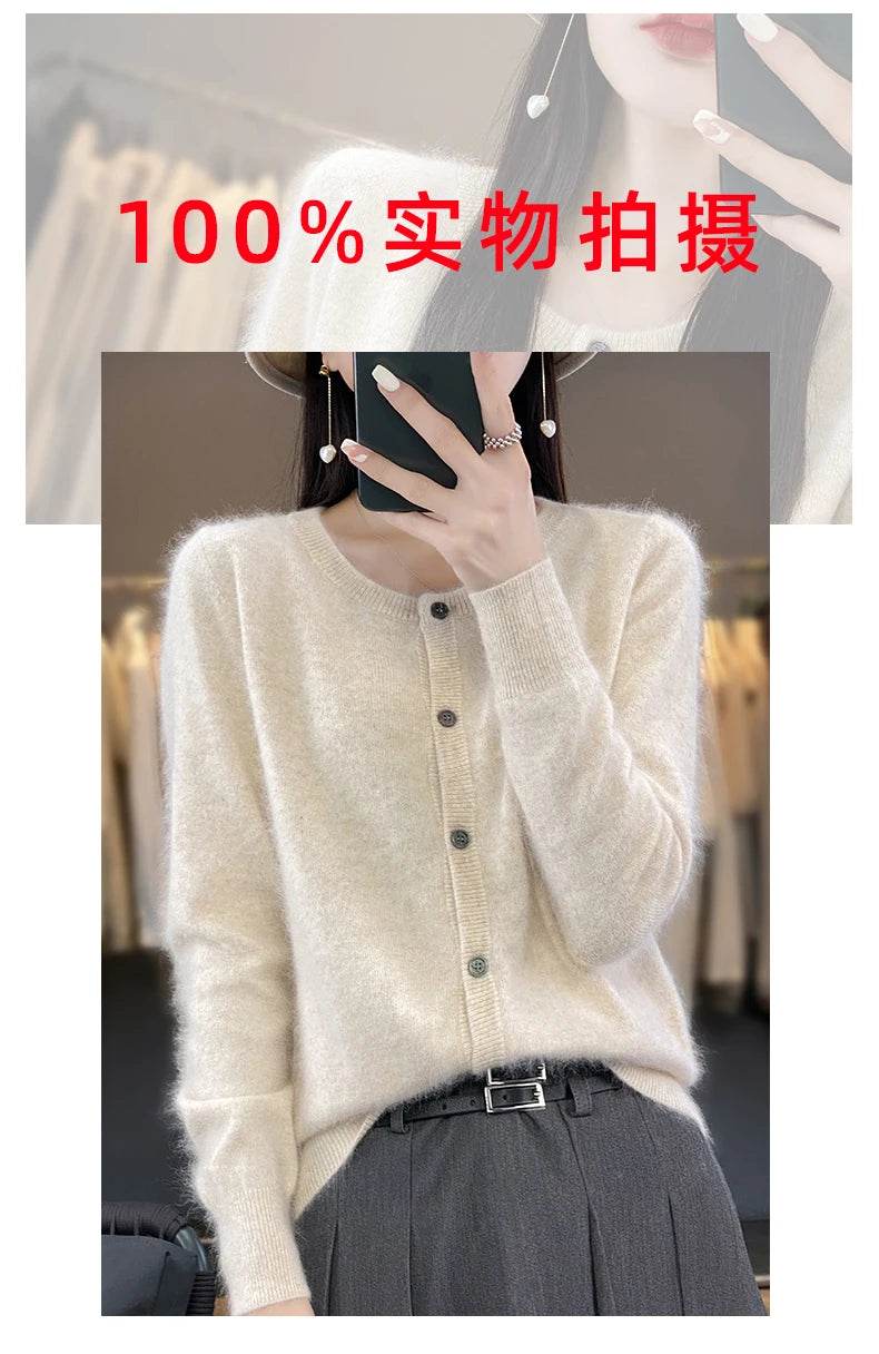 Women's Cardigan 100% Mink Cashmere Sweater,O-Neck Long Sleeve Top,Plus-Size Loose,Spring and Autumn Soft Knitted Jacket Female - AIAZ