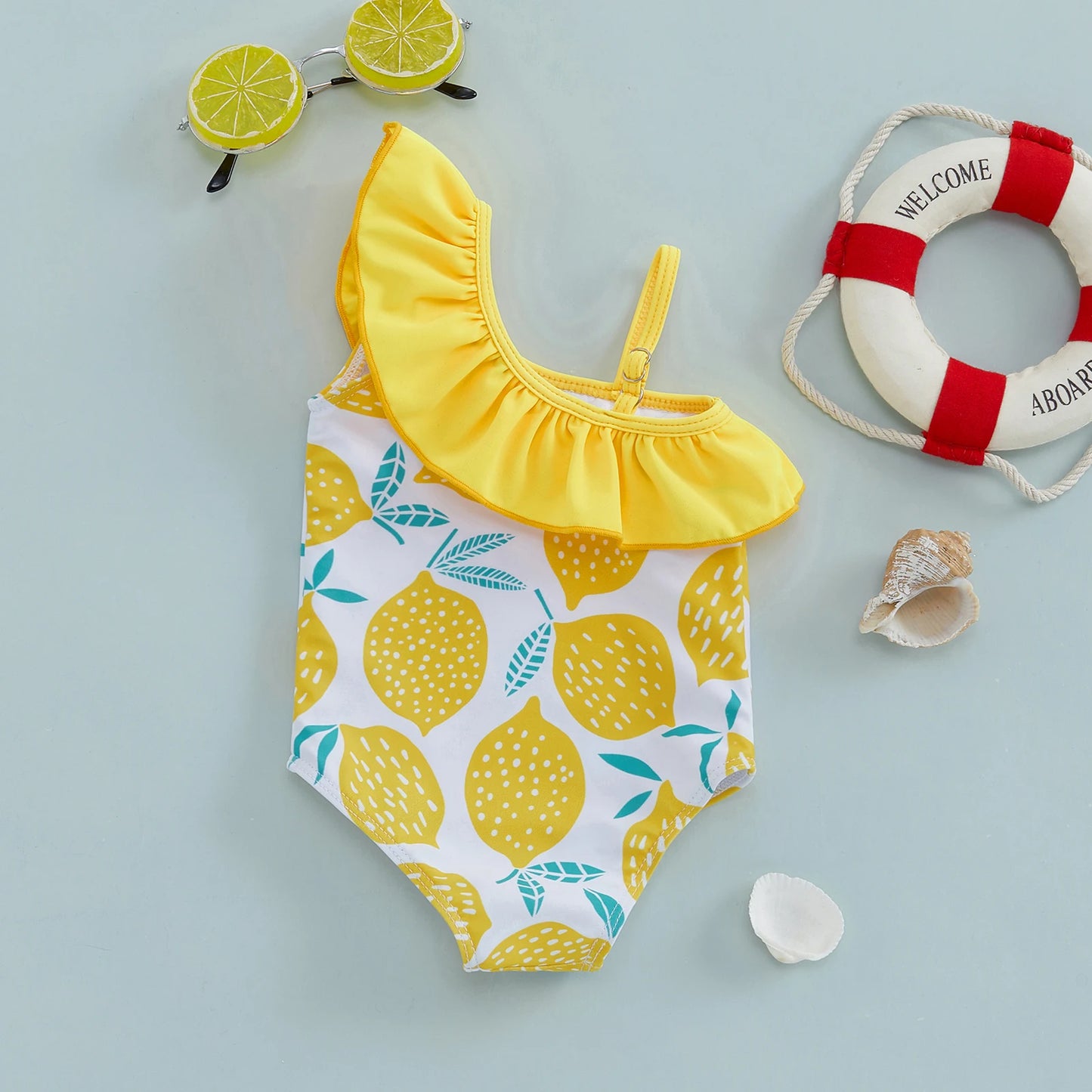 BeQeuewll Children Girl Summer Swimsuit Beach Wear Ruffle Sleeveless One Shoulder Lemon Print Baby Bathing Suit Infant Swimwear