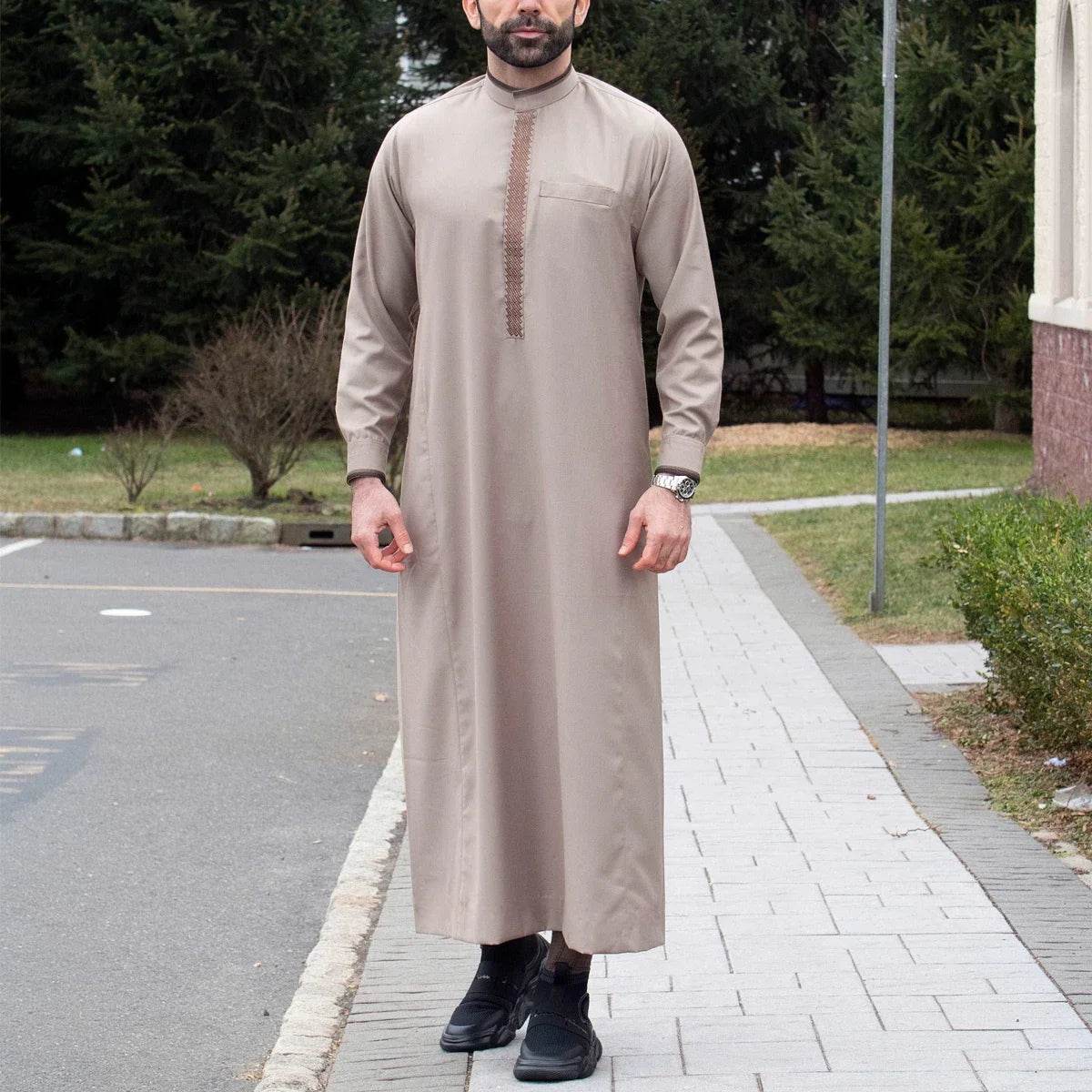 Muslim men's robe long-sleeved ethnic style embroidered stand collar Arabic clothing men's Islamic casual robe - AIAZ
