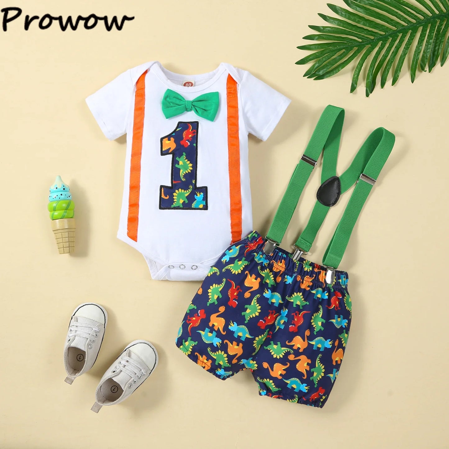 Baby Boys Birthday Outfits Sets Balloon Letter"1" Bodysuit and Y-back Suspender Shorts 1 Year Birthday Baby Cake Smash Clothes