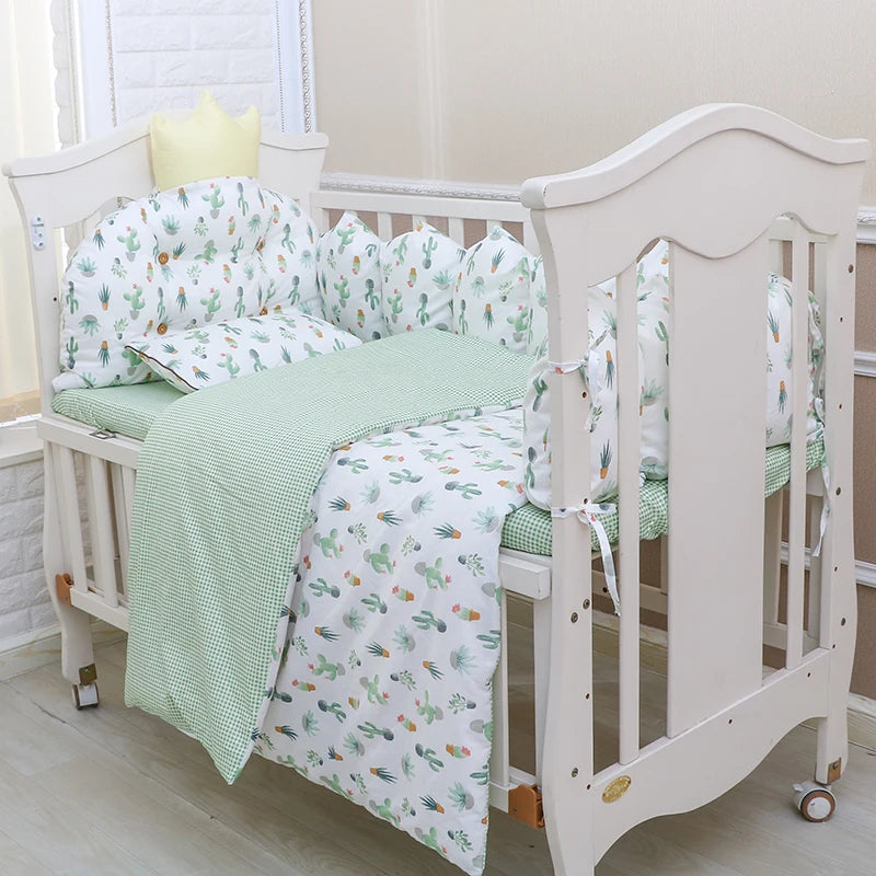 100% Cotton Crib Bed Linen Kit,Crown Design Baby Crib Bedding Set,Baby Bedding Set Includes Bumpers+Pillow+Quilt+Mattress cover