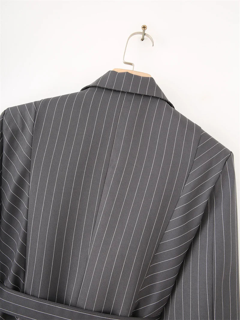 KEYANKETIAN Spring/Autumn New Women's Irregular Design Gray Striped Suit Outerwear Office Lady With Belt Slim Mid-length Coat