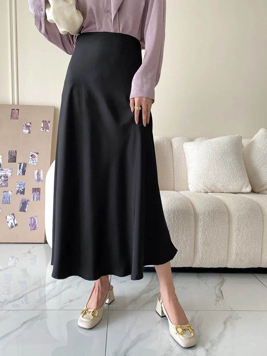 High Waisted Satin Long Skirts for Women Spring/Summer New 2025 Women's Skirt A-line Fashion Elegant Slim Fit Grey Black Skirt - AIAZ