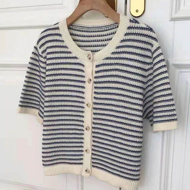 Cardigan Women Summer Breathable Elegant Striped Trendy New Single Breasted Short Sleeve Knitted Jumpers Female O-neck Tender BF - AIAZ
