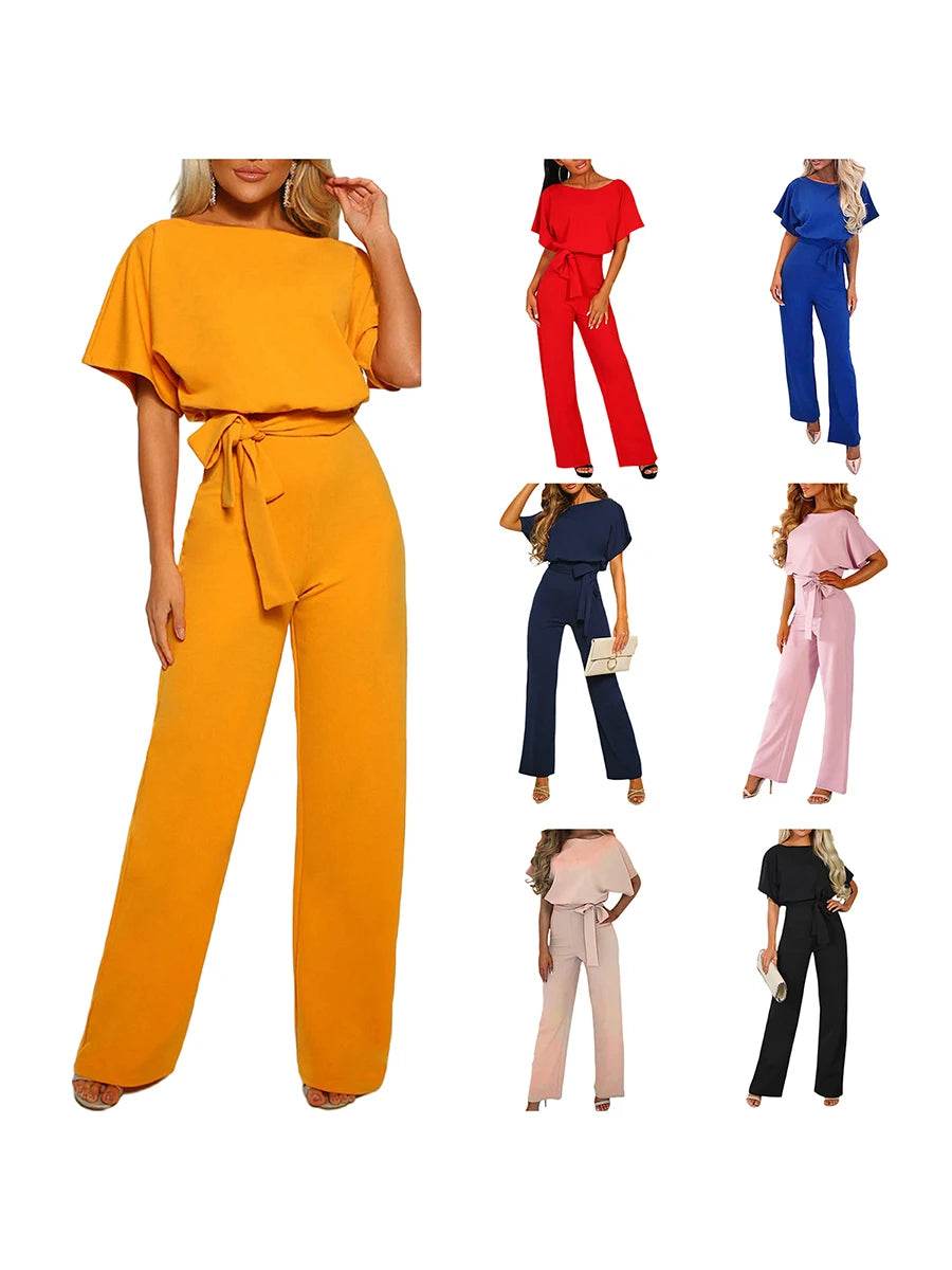 Women's clothing summer 2024 Jumpsuit, Elegant Short Sleeve Hollowed Waist Tie Solid Summer Wide Leg Pants - AIAZ
