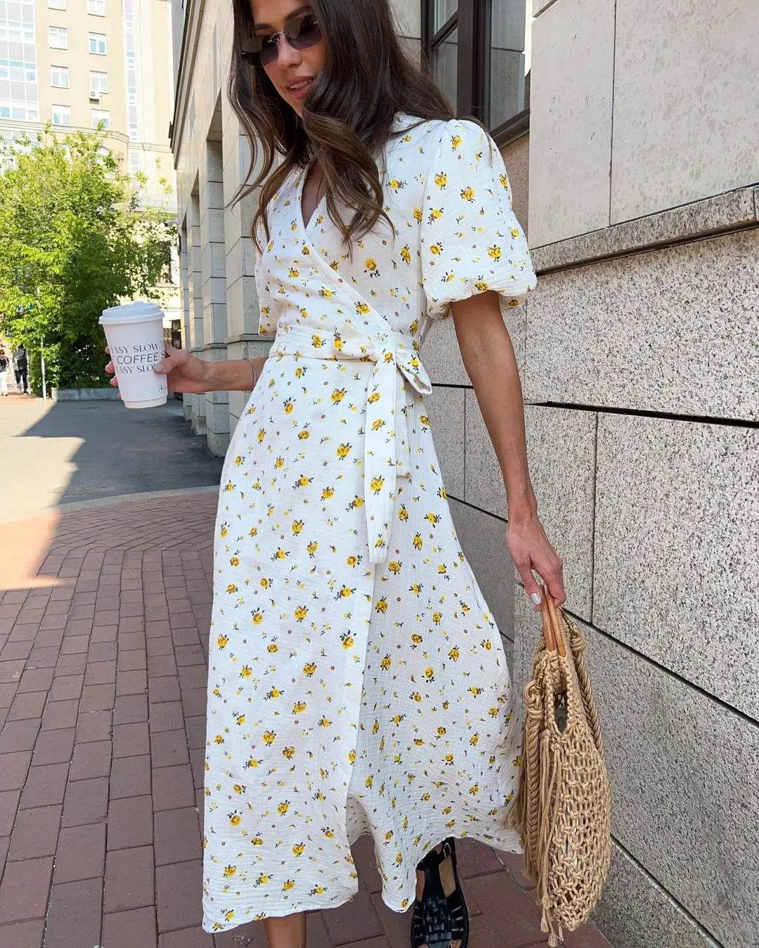 Bornladie Women Psrinted Lace Up Dress Summer Short Sleeve Fashion Office Lady Long Dress 100% Cotton Daily Casual V-neck Skirt - AIAZ