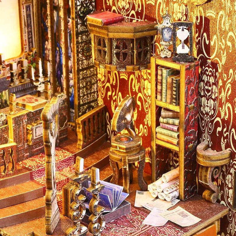 DIY Book Nook Shelf Insert Kit 3D Wooden Puzzle Doll House Assembly Building Model Bookends With Furniture LED Light Xmas Gifts - AIAZ