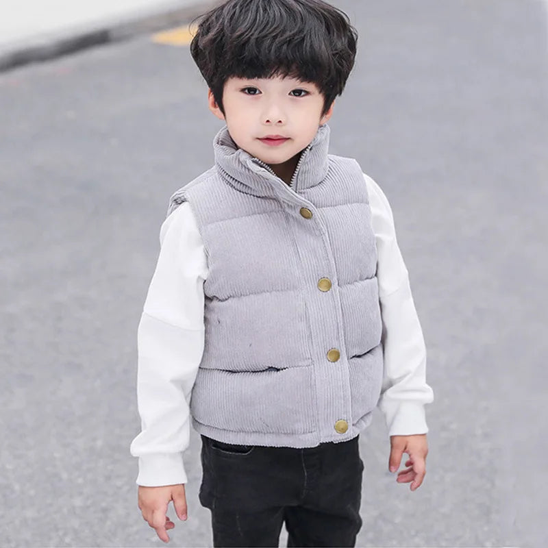 Children Autumn Winter Warm Vest Girls Casual Solid Color Jacket Boys Simple Fashion Collar Thickened Corduroy Waistcoat 2-10T
