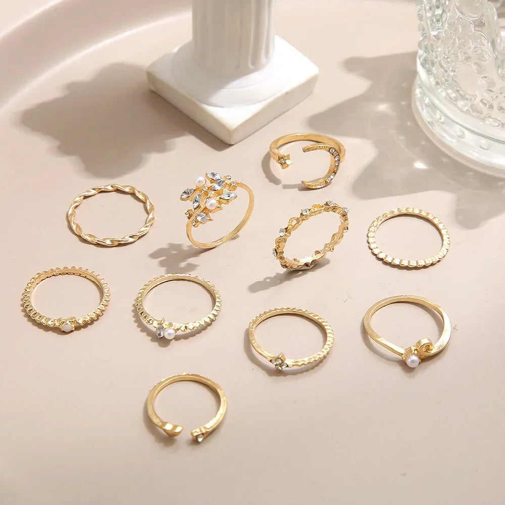 2024 New Tide Individuality Retro Geometric Hollowing Inlay Gem Rings SetLiquid State Metal Four-Piece Rings Set Paty Jewelry