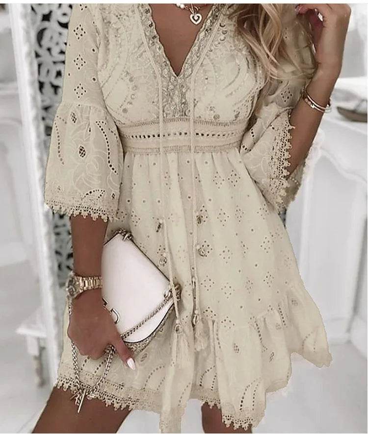 Elegant Women White Hollow Lace Mini Dress Summer V-neck Patchwork Lace Up Three Quarter Sleeve Ladies Vacation Beach Dresses - AIAZ