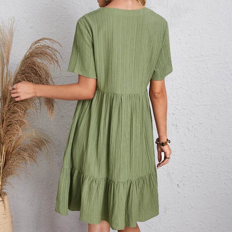 Women Mini Dress Summer Casual Solid V Neck Ruffles A-line Dress Female Fashion Holiday Boho Loose Beach Elegant Dresses Vestido - AIAZ