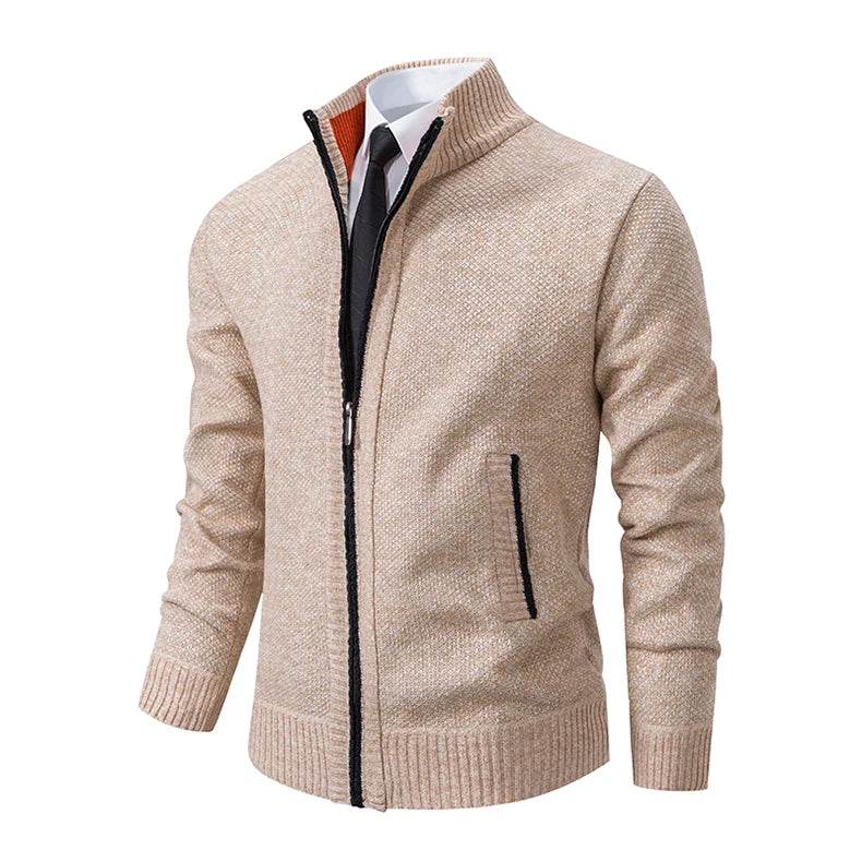 Autumn And Winter New Jersey Men's Casual Sports Coat Solid Color Stand Collar Wweater Grab Fleece Warm Zipper Cardigan - AIAZ