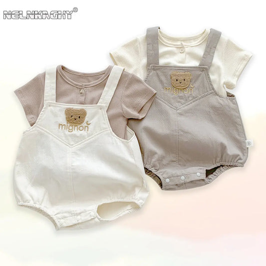 2025 New In Summer Newborn Baby Girls Boys Short Sleeve Solid Color Top T-shirts +cartoon Bear Bodysuits Kid Infant Clothing Set