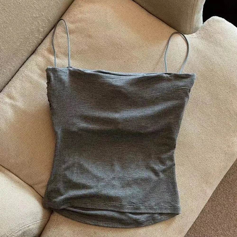 Summer Camisoles Tank Tops Women With Built In Bra Spaghetti Strap Tanks Vest Sleeveless Tees Cropped Top Solid Color Casual Top - AIAZ