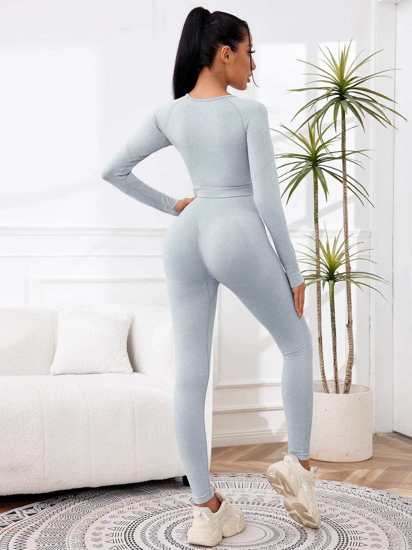 2025 2PCS Sets Women Outfit High Waist Gym Sexy Sport Wash Pants Sets Running Outdoors Skinny - AIAZ