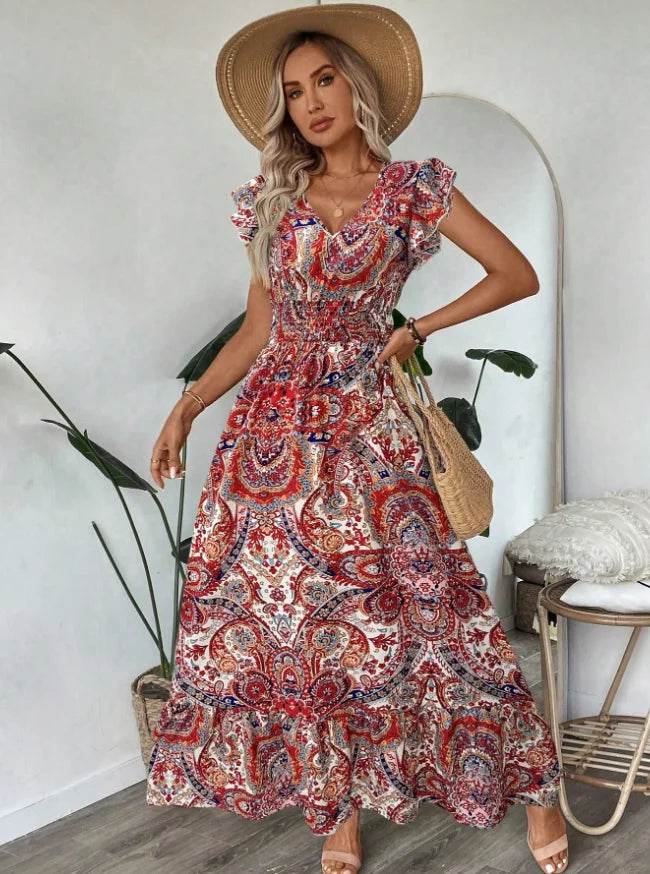 new dresses 2025 woman vestidos para mujer vintage dress Printed V-neck fashion dress Loose ruffle long dresses - AIAZ