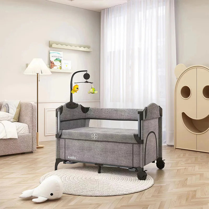 Baby Crib Multifunctional Simple with Mosquito Net Foldable Removable Children's Patchwork Playpen Bedside Crib with Toys