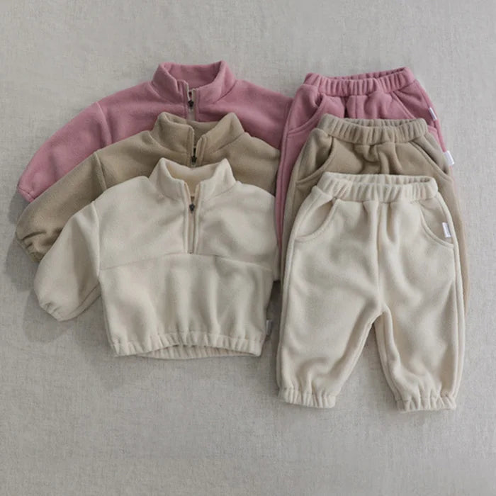Autumn Winter Toddler Baby Boys Girl Sports Suit Children Clothes Fleece Solid Color Hoodies Suit Infant Boys Girl Outfit 2PCS