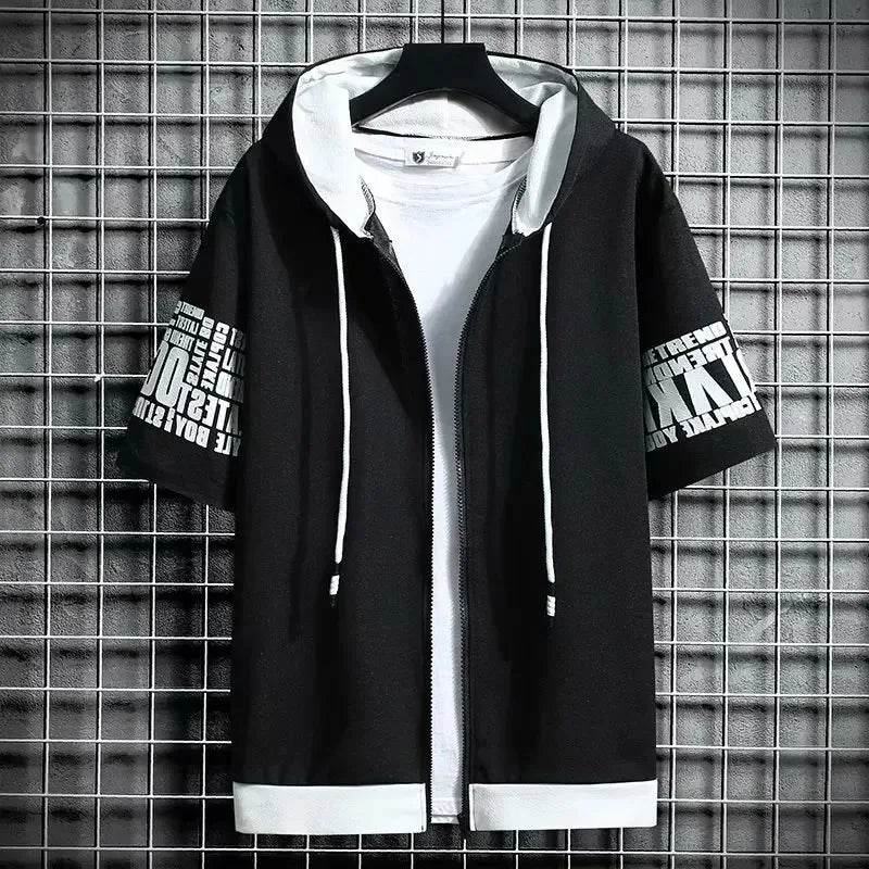 Fashion Men's Hoodies Summer Men Clothing T-shirt Zipper Hood Cartoon Casual T Shirt Print Hooded Top Short Sleeve Men - AIAZ