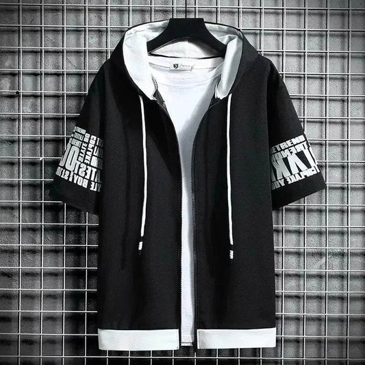 Fashion Men's Hoodies Summer Men Clothing T-shirt Zipper Hood Cartoon Casual T Shirt Print Hooded Top Short Sleeve Men - AIAZ