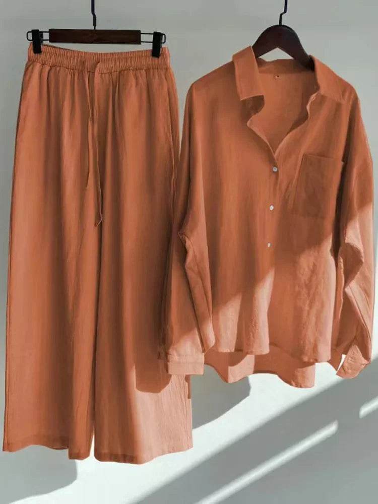 Pants Set Women Shirts Wide Leg Elastic Waist Cotton Linen Casual Sets Elegant Loose Long Sleeve Lapel Spring Shirt Y2k Suit - AIAZ
