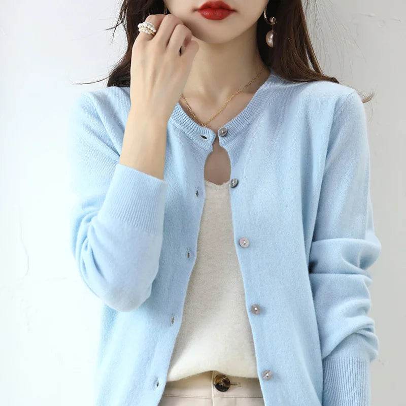 Knitted Cardigan Women's Sweater Autumn And Winter 2022 New Solid Color Coat Round Neck Short Long Sleeve Loose Korean Fashion - AIAZ