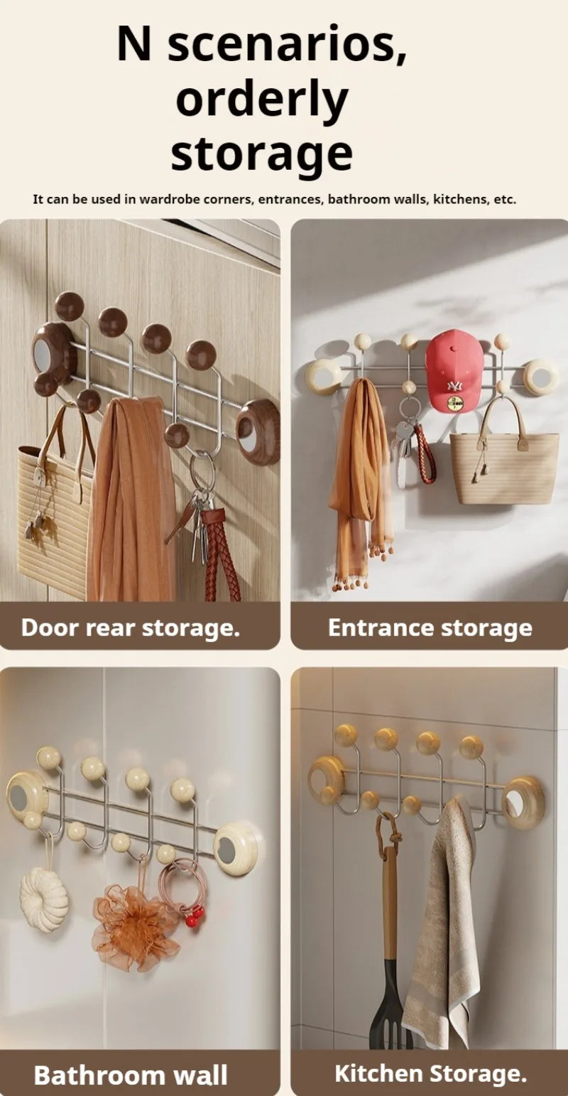 Stainless Steel Double Rows Door Hooks Simple Wood Grain Strong Adhesive Hooks Creative Multifunctional Art Home Decoration