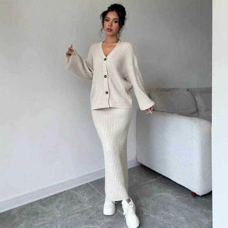 Women's Long Sleeved Jacket Sweater V-neck Cardigan Loose Two-piece Set Solid Color Knitted Hip Skirt Set - AIAZ