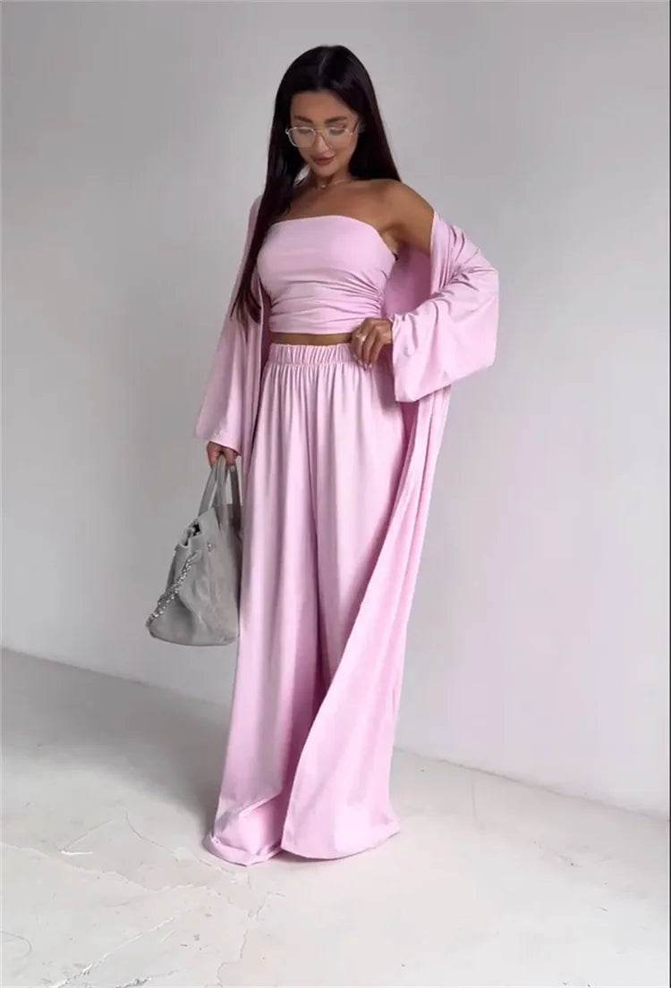 Pants Sets Women Solid Color Loose Long Cardigan Coat Tube Top High Waist Wide Leg Trousers Three Piece Set Casual Lady Suits - AIAZ