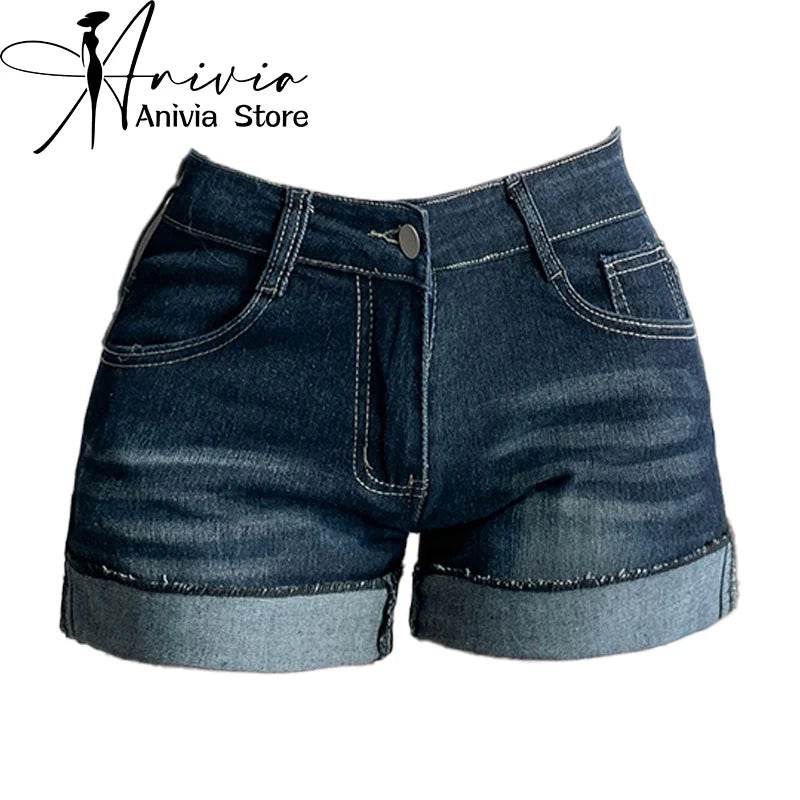 Women's Deep Blue Denim Shorts Washed Y2K Fashion Harajuku High Street 2000s Style Streetwear 90s Retro Shorts Jeans Clothing - AIAZ