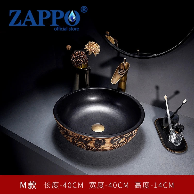 ZAPPO Round Vessel Sink with Faucet Drain JinDezhen Ceramic Vessel Sinks Oval Bathroom Sink Bowl Above Counter with Mixer Tap